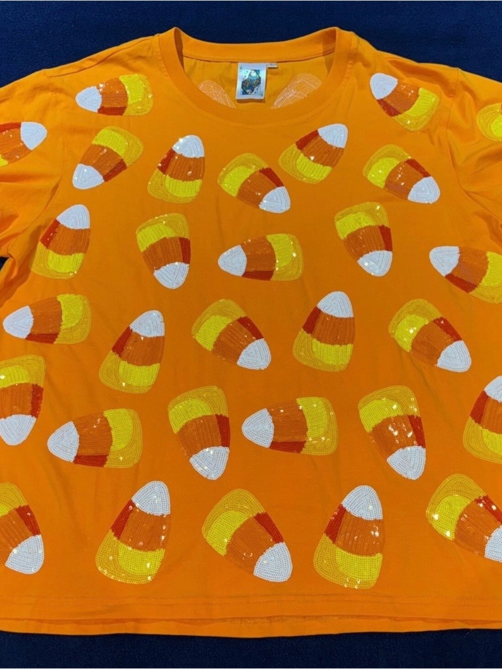 🎃Fabulous Queen Of Sparkles L (Oversized) Candy Corn Sequined Tee EUC